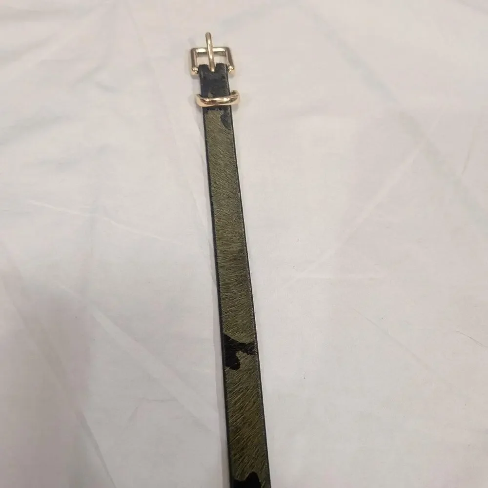 Banana Republic calf‑hair khaki green skinny belt gold buckle size L